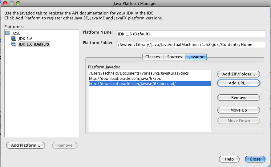 Auswahl von Javadoc